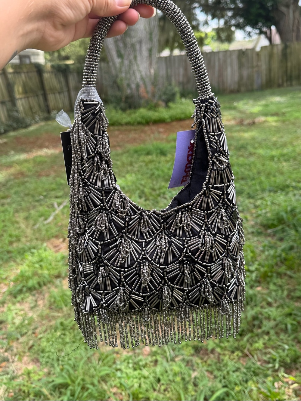 India Boutique Black Beaded Shoulder Bag with Silver Accents